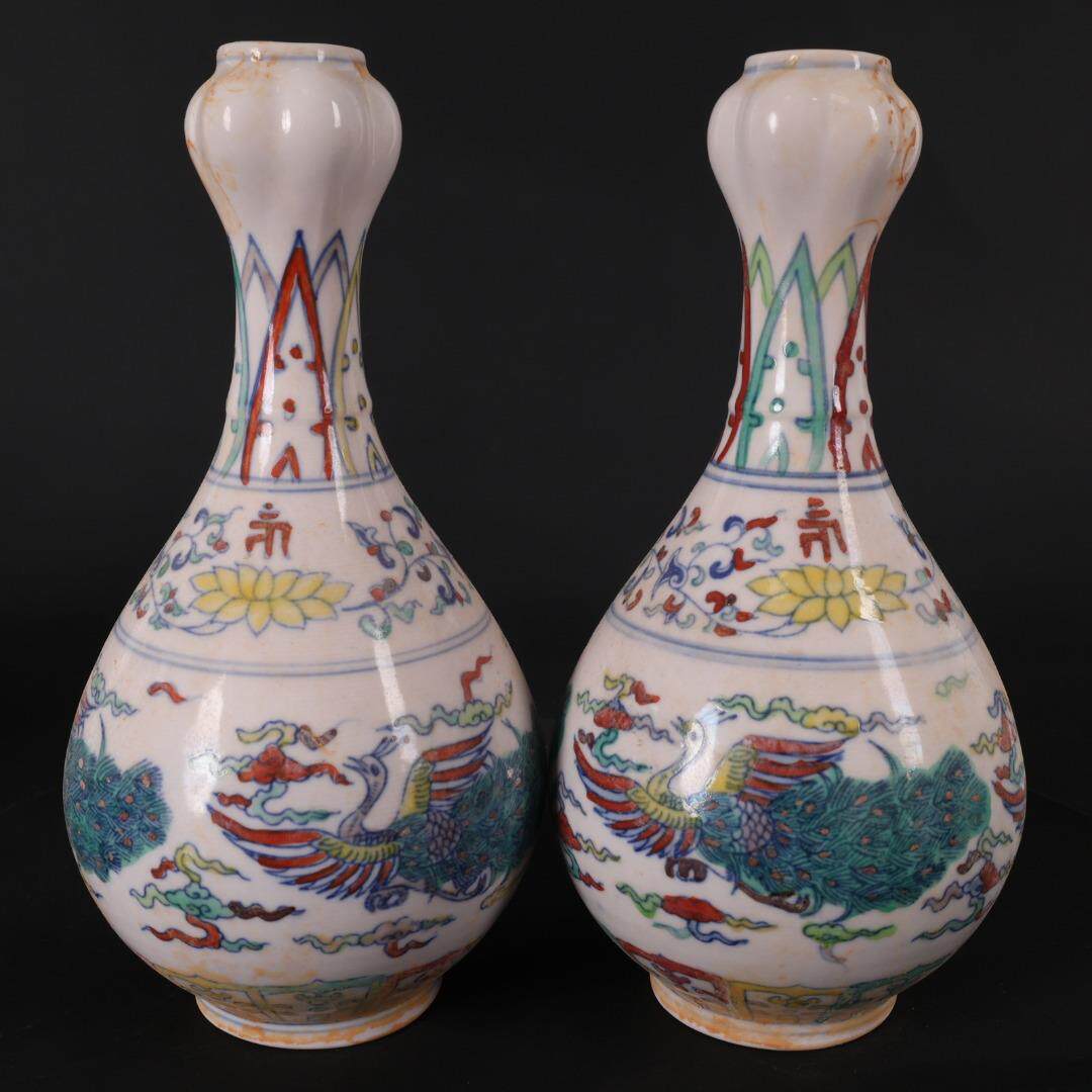 仿古古董大明成化斗彩孔雀纹蒜头瓶葫芦瓶梅花瓷瓶收藏花瓶摆件