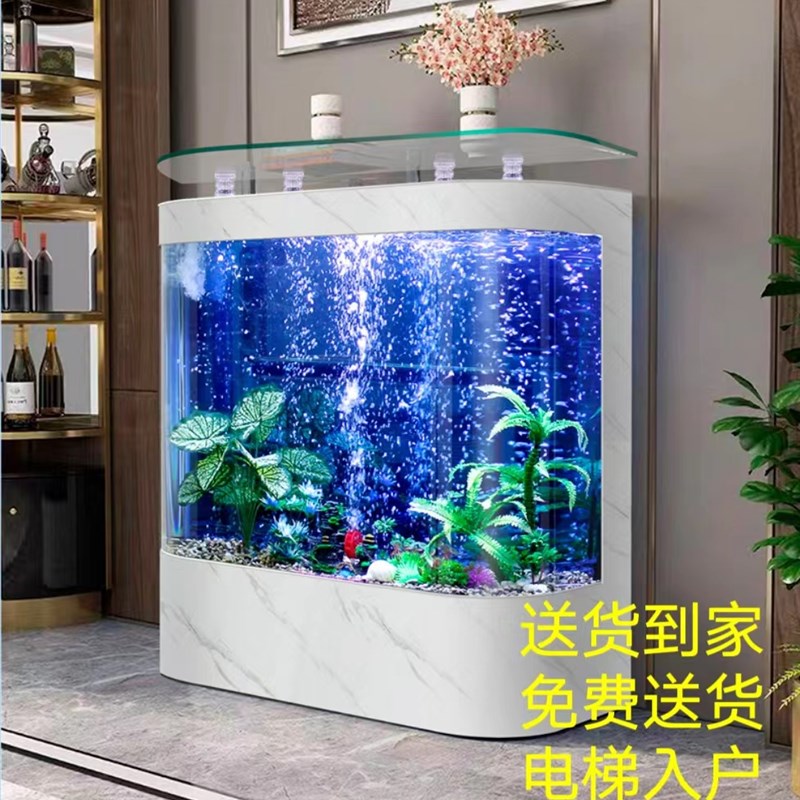 2023年新款简k约圆形高清玻璃落地立式鱼缸家用客厅靠墙家用免换