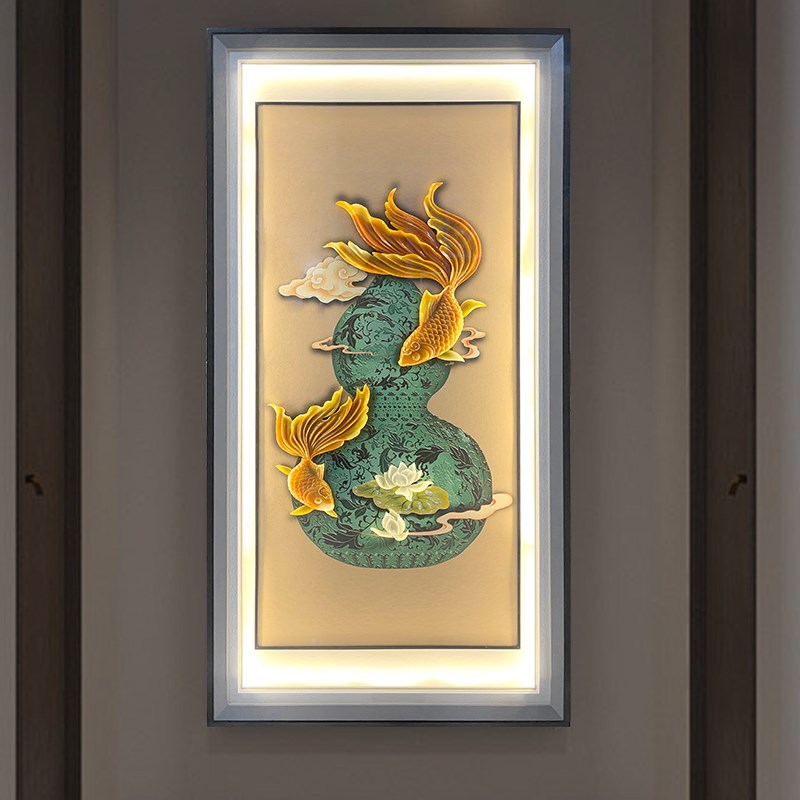玄关灯光装饰壁画高档正对门新款五福临门葫芦挂画走廊立体高级感