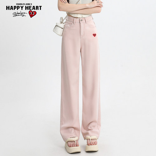 查尔斯桃心高腰直筒牛仔裤女夏季