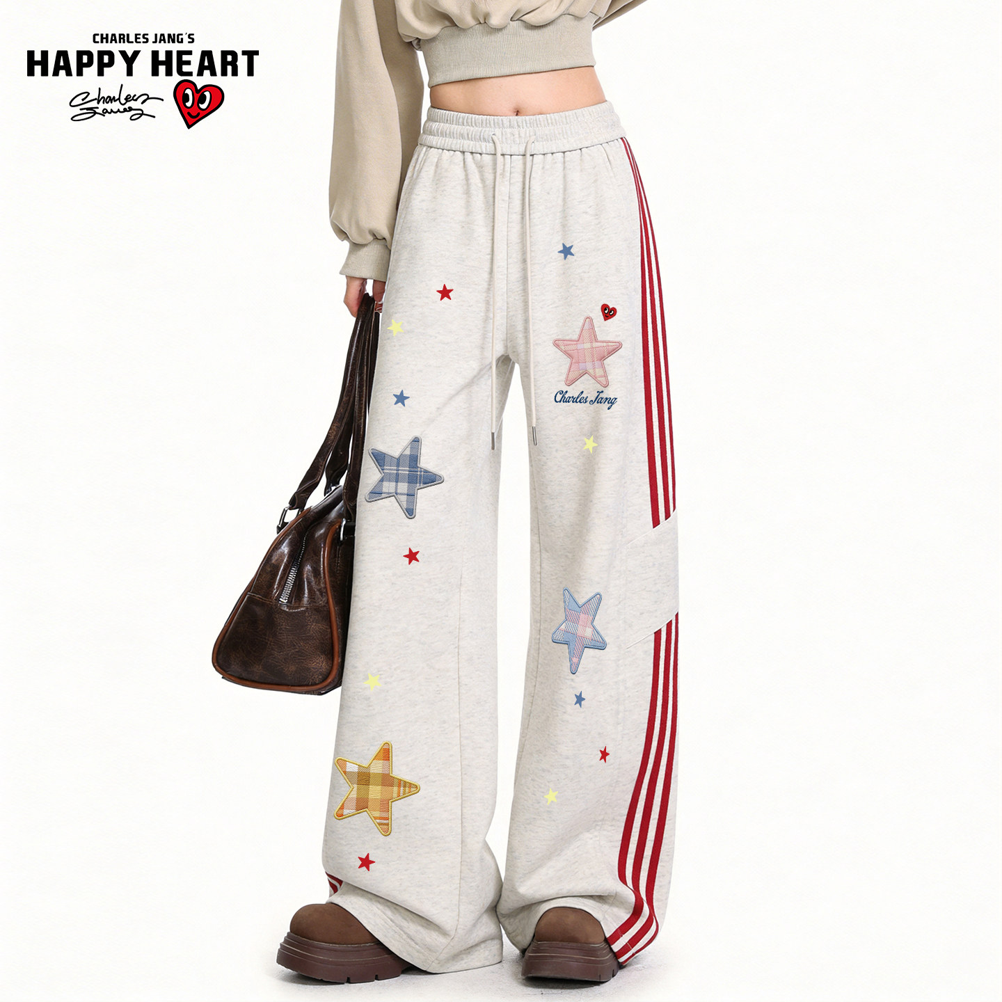 查尔斯桃心 美式三条杠条纹拼接五角星直筒阔腿百搭休闲长裤女款