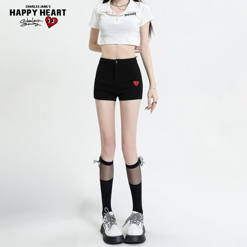 查尔斯桃心黑色牛仔短裤女款夏季