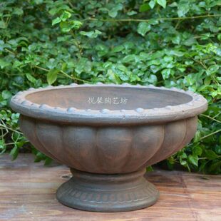 粗陶做旧花盆怀旧花器 铁花盆陶盆 陶器锈色高脚杯陶艺古典欧式