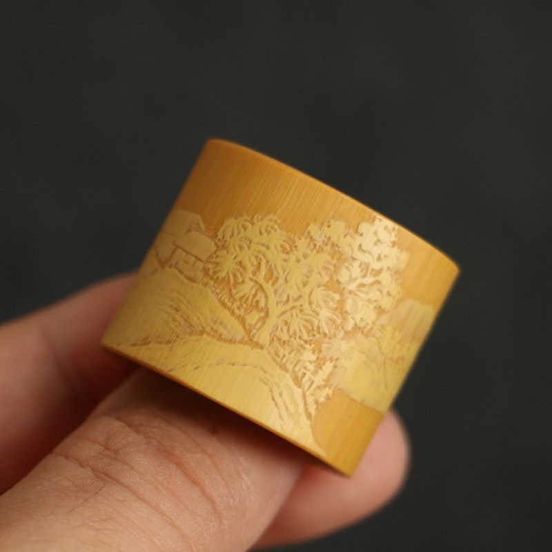 老玉竹留青雕刻山水图扳指非物质文E化工艺竹雕工艺品茶宠文玩把