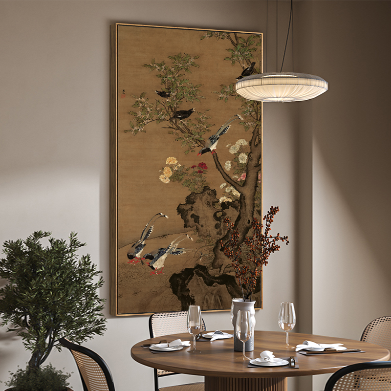 明清古典国画孔雀玄关竖版u挂画客厅走廊过道茶室背景墙复古装饰图片