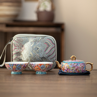 高颜值百合花旅行茶具一壶二杯便携式珐琅彩快客杯户外露营泡茶壶