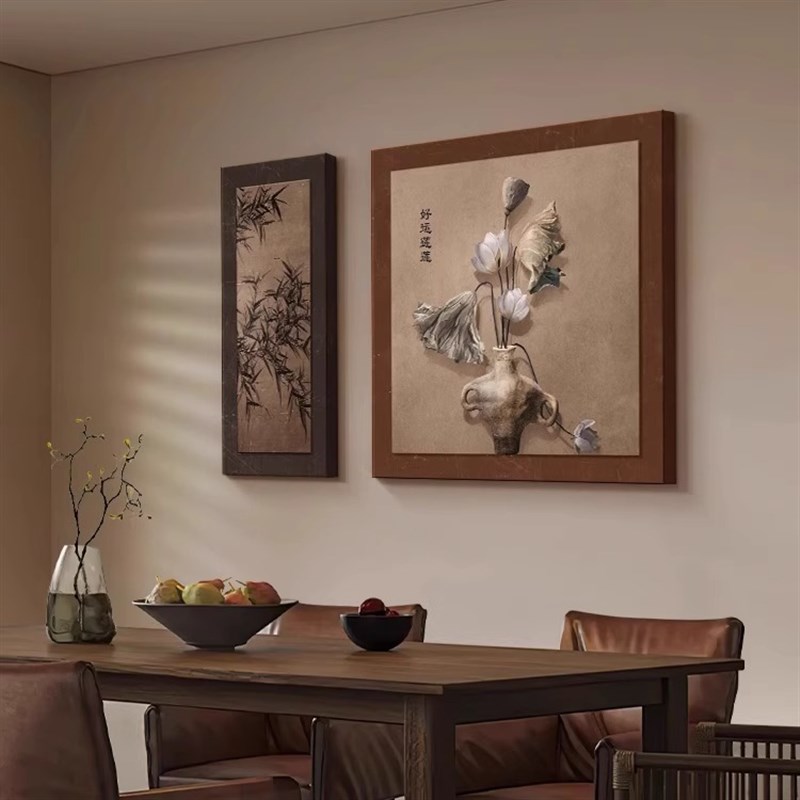 复古餐厅装饰画中古风饭厅背景墙挂画新中式荷花茶室新款壁画图片