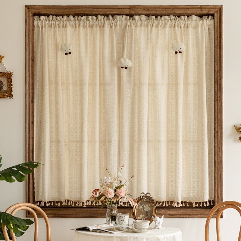 法式复古奶油风美式棉麻窗帘门帘免打孔飘窗纱帘半帘短帘遮挡葡乐