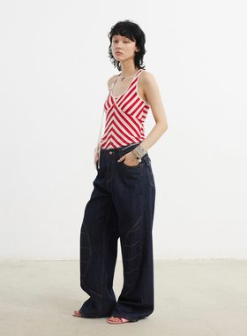 1c00M4红边赤耳原色连腰牛仔裤美式复古宽松阔腿小众设计感拖地