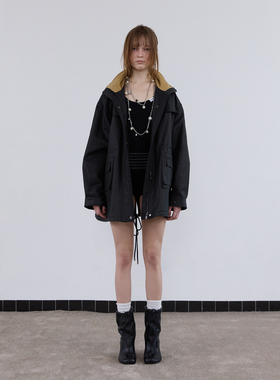 1c00M4鞣革工装风衣外套深灰色中长款女士外套百搭灯芯绒拼接2026