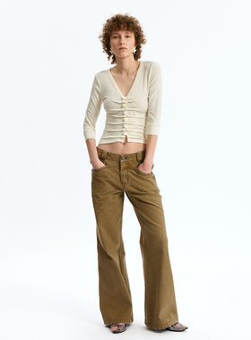 1c00M4水洗珠帆微喇工装裤复古怀旧蓝色喇叭裤低腰棕色2026春季