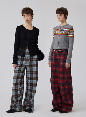 1C00M4羊毛呢格纹降落伞长裤休闲裤宽松格子工装裤日系复古女2025