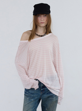 1C00M4新款露背天丝莱赛尔防晒T恤女粉色条纹罩衫百搭长袖上衣秋