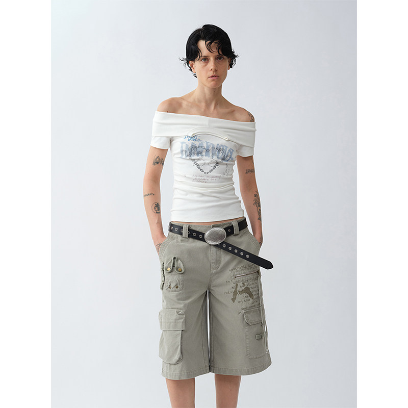 做旧印花解构一字肩T恤美式复古