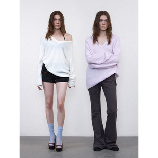 1C00M4蓬松马海毛慵懒V领毛线衣毛衫 软糯针织上衣韩系冬羊毛宽松