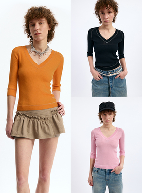 1c00M4哈梭线工艺七分袖毛衣粉色橙色V领修身简约风针织衫2026春