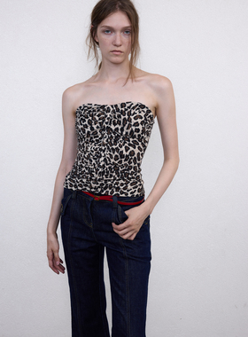 1c00M4千禧早古褶皱抹胸复古豹纹内搭红色裹胸灰色秋冬叠穿2025