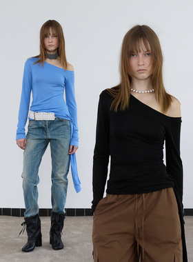 1C00M4不规则长袖T绑结天丝莱赛尔设计感蓝色斜肩T恤上衣女2025秋