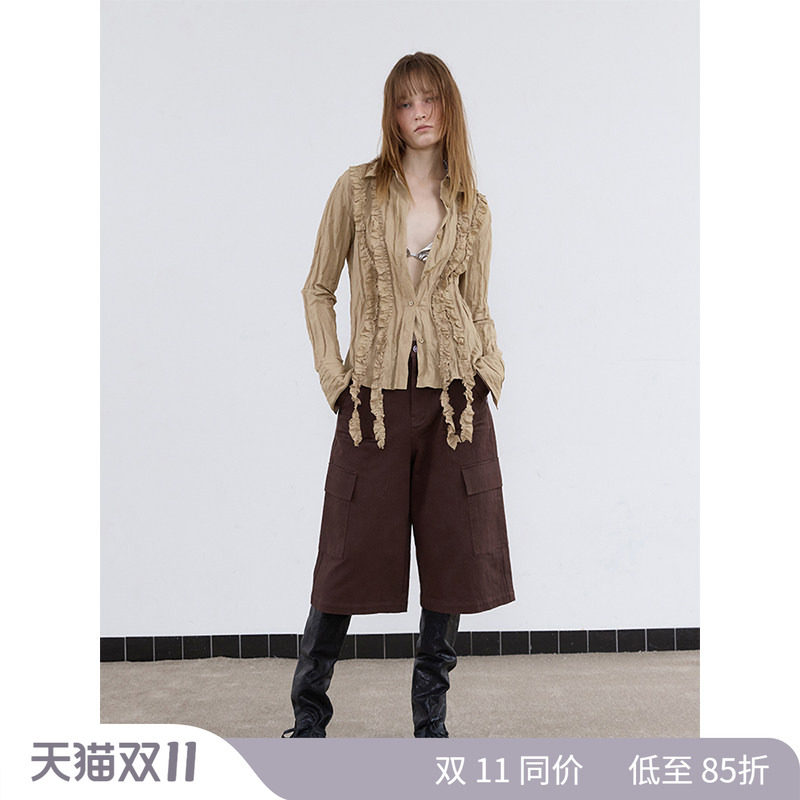 1c00M4竹节松石钉珠工装中裤复古设计感七分裤百搭