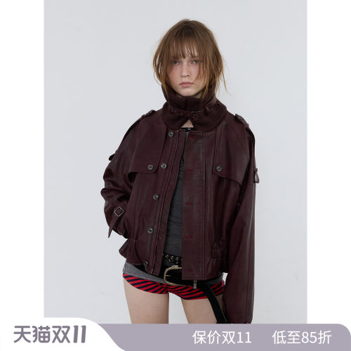 1C00M4毛织围领短款皮夹克