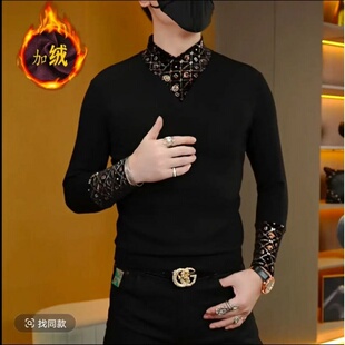 雅格艾尚魅力男装HV战马围巾领冬季男士加绒修身打底衫长袖卫衣