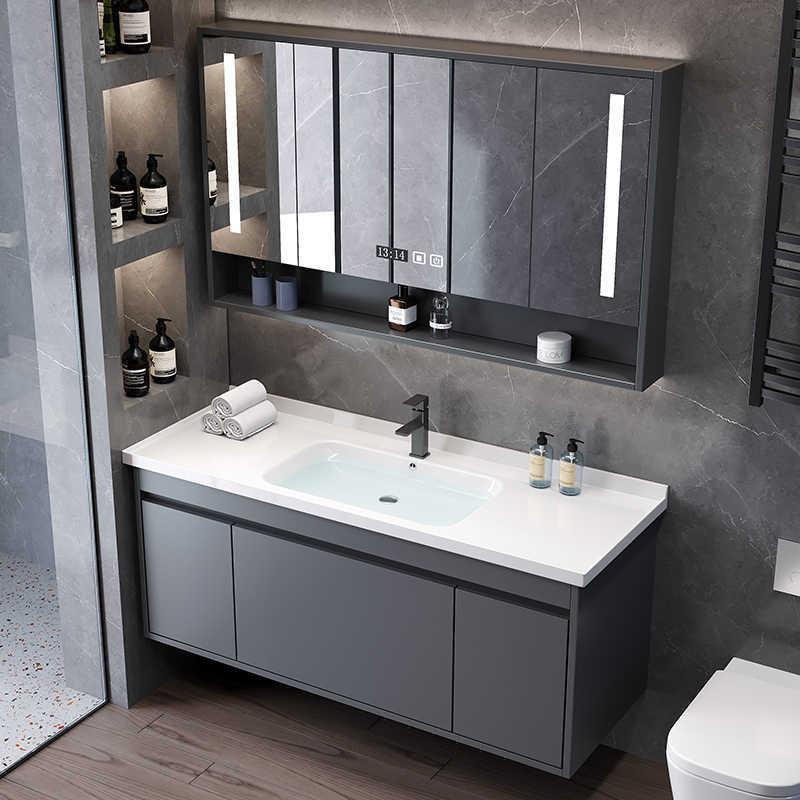 现代简约挂墙式奶油风浴室柜组合陶瓷一体盆化妆室洗漱台洗手池