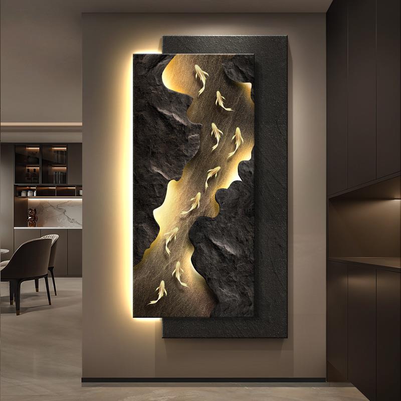 现代轻奢玄关装饰画立体砂岩九鱼寓意好挂画高级入户正对门壁灯画图片