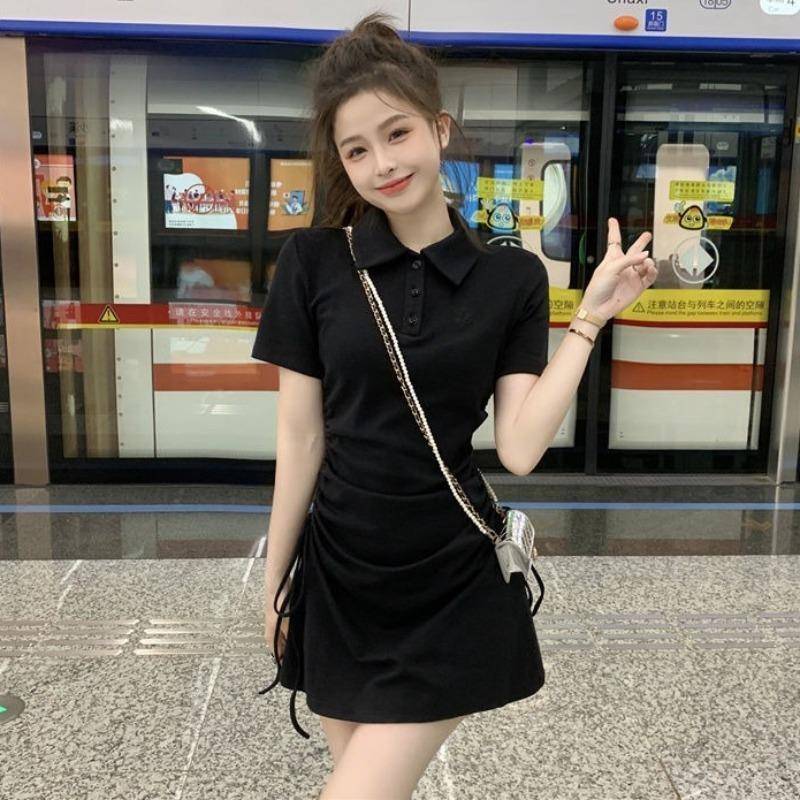又甜又辣裙子黑色polo连衣裙女夏季大码胖mm显瘦收腰T恤包臀短裙