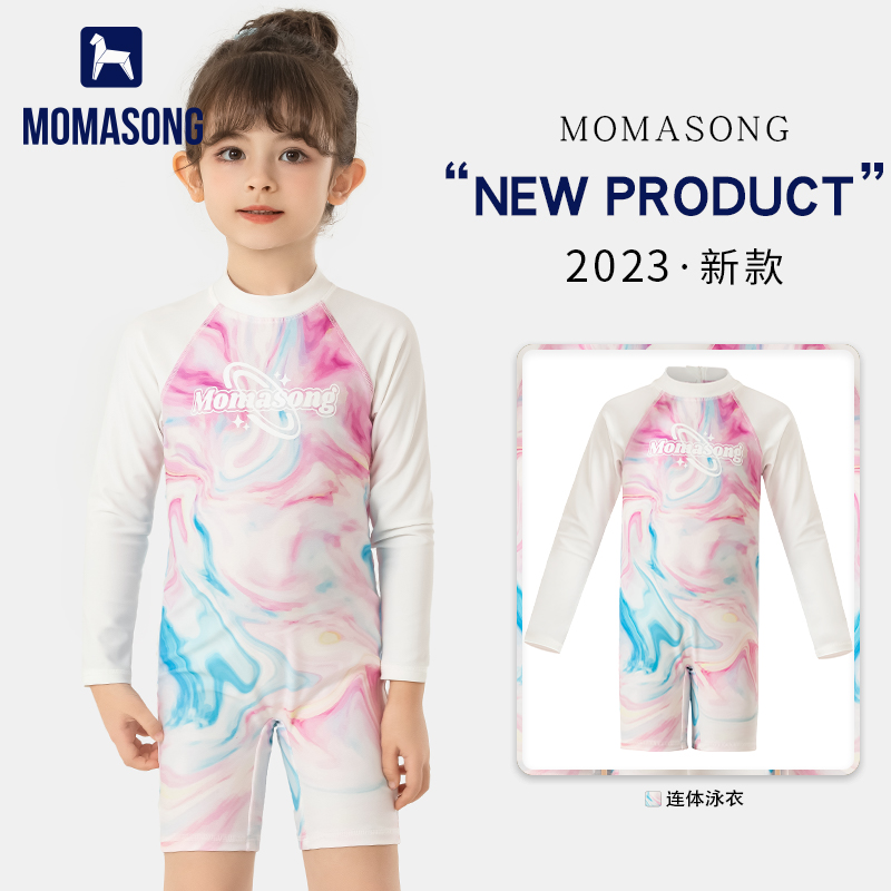 Momasong儿童泳衣女童2023新款女款连体长袖防晒女孩夏季泳装