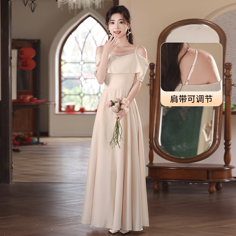 香槟色缎面伴娘服2024新款夏小众高级感宴会晚礼服裙气质日常可穿