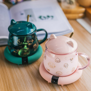 墨绿色玻璃暖暖杯55℃度恒温杯垫家用加热牛奶水T杯保温神器可控