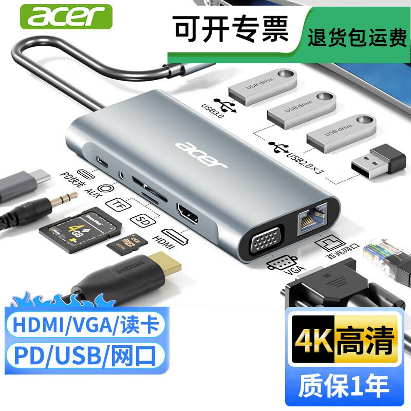 宏碁TYPE-C多功能扩展坞HDMI/VGA/投屏音频网口HY41-T10十一合一图片