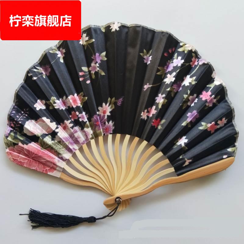 折叠团扇日式刀扇古风和风女士扇子棕骨龙骨扇绸布折扇双面2024年