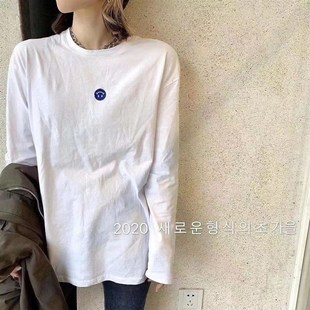 T恤女打底衫 新品 100材質(zhì) 藍(lán)色刺繡笑y臉寬松百搭長袖 TEE