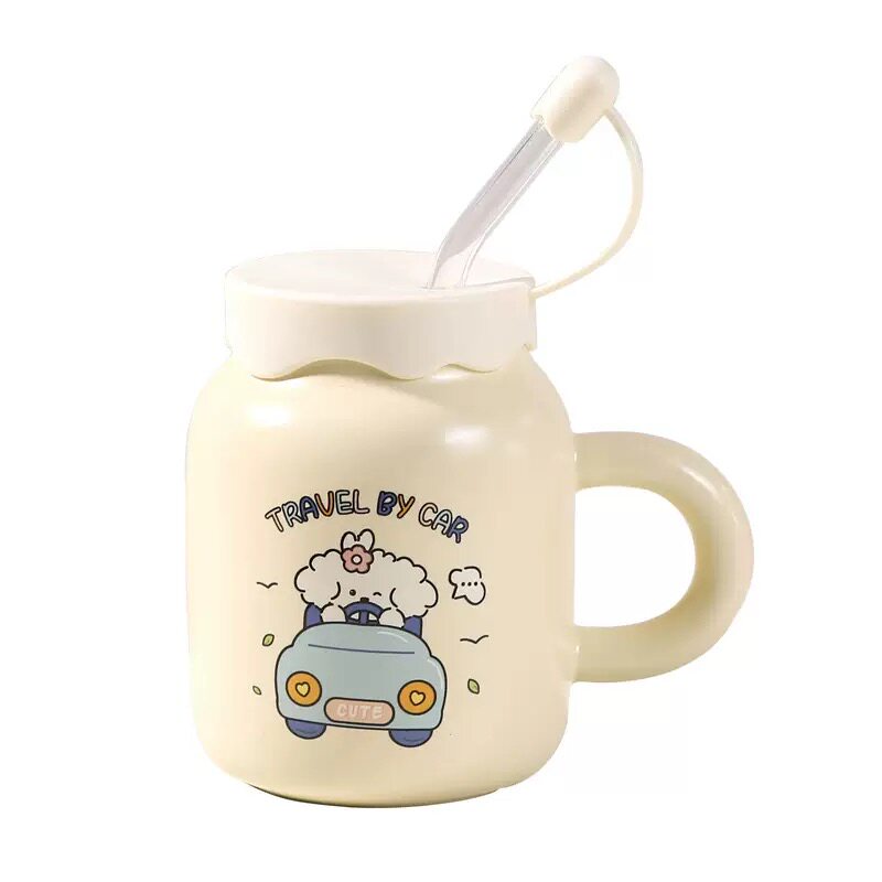 2025新款带盖陶瓷杯高颜值可爱卡通带吸管大容量马克杯办公室水杯