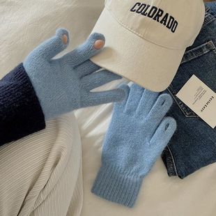 露指触屏兔毛加绒保暖手套冬季保暖抗冻五指骑行ins玩手机手套蓝