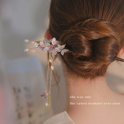 发簪新中式紫藤花流苏簪子女高级感木簪国风发饰盘发发钗汉服头饰