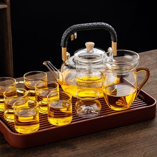 家用轻奢提梁煮茶壶客厅茶盘喝茶小茶杯功夫煮泡茶壶 玻璃茶具套装