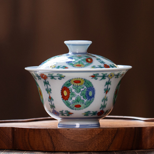 五里雾团菊纹盖碗手工手绘敬茶碗景德镇仿古青花瓷器仿明代茶具