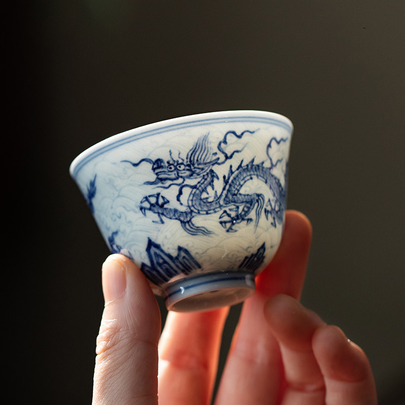 五里雾青花海水龙纹铃铛杯仿明代茶杯