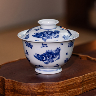 五里雾青花鳜鱼纹盖碗景德镇手工手绘仿明代成化御窑瓷器压手杯