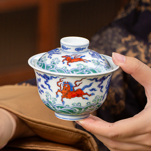 五里雾仿古青花瓷斗彩飞马纹三才盖碗景德镇手绘功夫茶杯敬茶碗