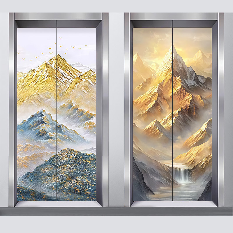 新中式金山电梯门自粘装饰贴纸画