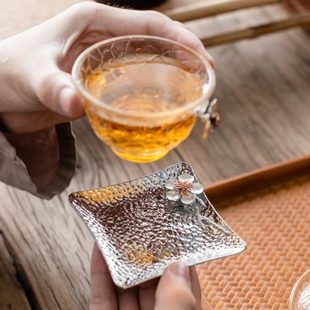 花 家用简约远防烫合金手工舍锡茶托茶道配件杯托茶杯垫隔热垫日式