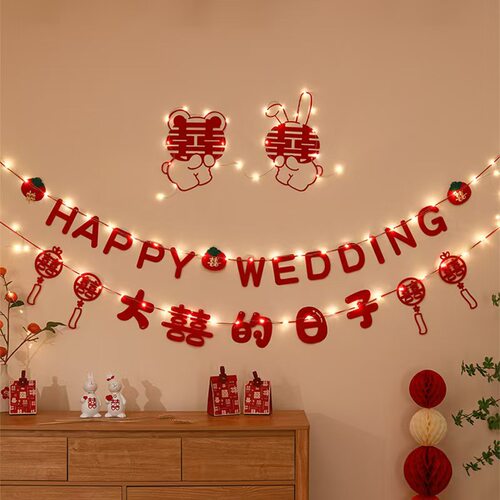 婚房布置拉旗套装男方客厅背景墙