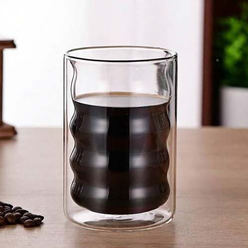 双层螺纹玻璃杯高硼硅水杯咖啡杯