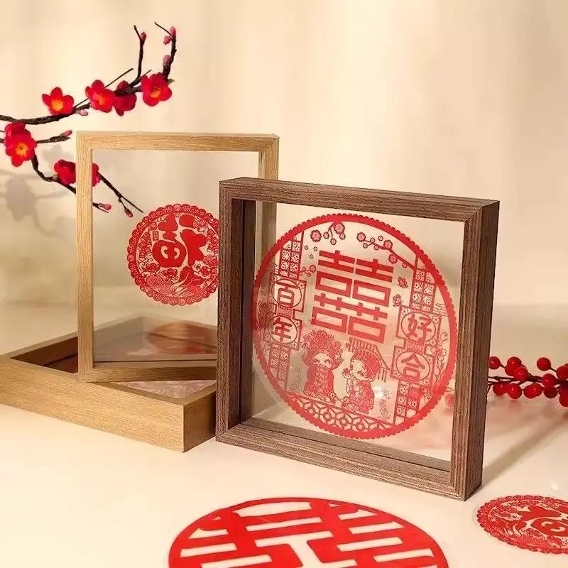 双面玻璃木制相框创意剪纸方形压花字画植物照片双面打印装饰摆台图片