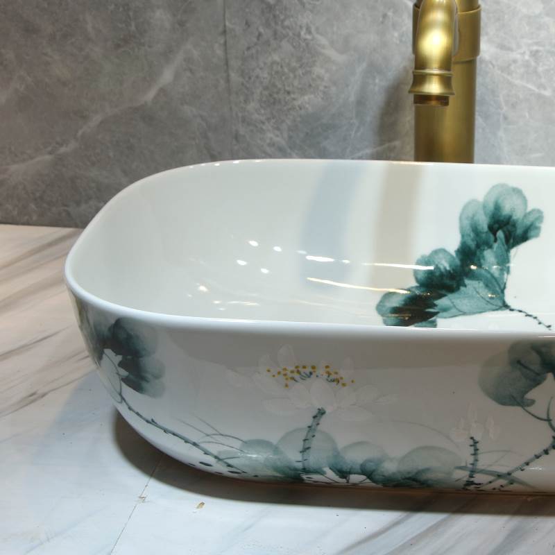 陶瓷手绘荷花洗手盆小号家用卫生间台上盆复古中式洗脸盆阳台水池