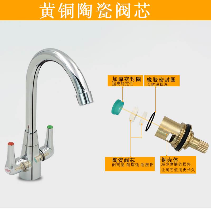 冷热水双把双开关单孔厨房水槽龙头全铜洗菜盆面盆水龙头双控旋转