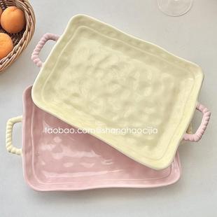 ins韩国奶油色双耳鱼盘家用陶瓷长方形蒸鱼盘子大号碟子菜盘餐具